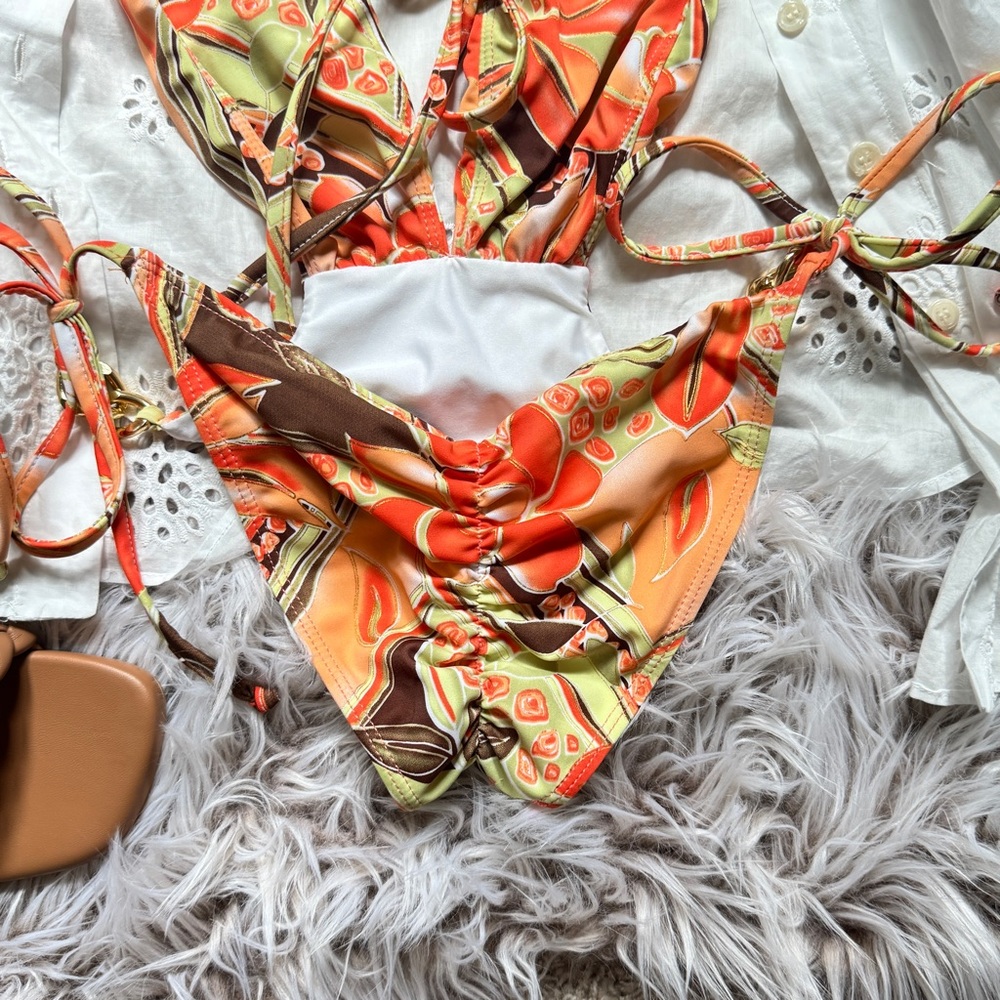 Tropical Floral Cutout One Piece Swimsuit Orange & Brown Halter Tie, Cheeky Fit - Picture 10 of 12